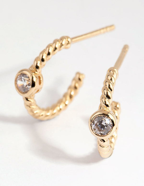 Gold Plated Sterling Silver Diamante and Twist Hoop Earrings