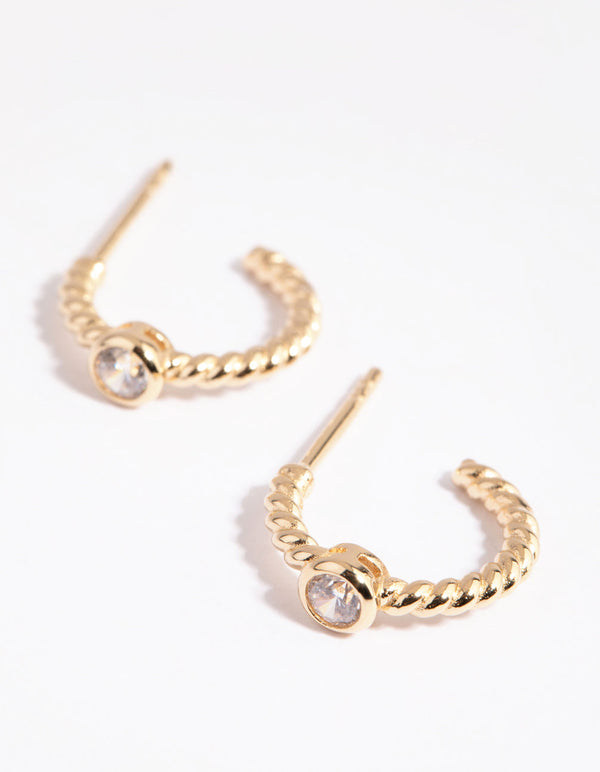 Gold Plated Sterling Silver Diamante and Twist Hoop Earrings