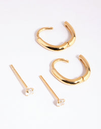 Gold Plated Sterling Silver Diamante and Oval Huggie Earring Pack - link has visual effect only