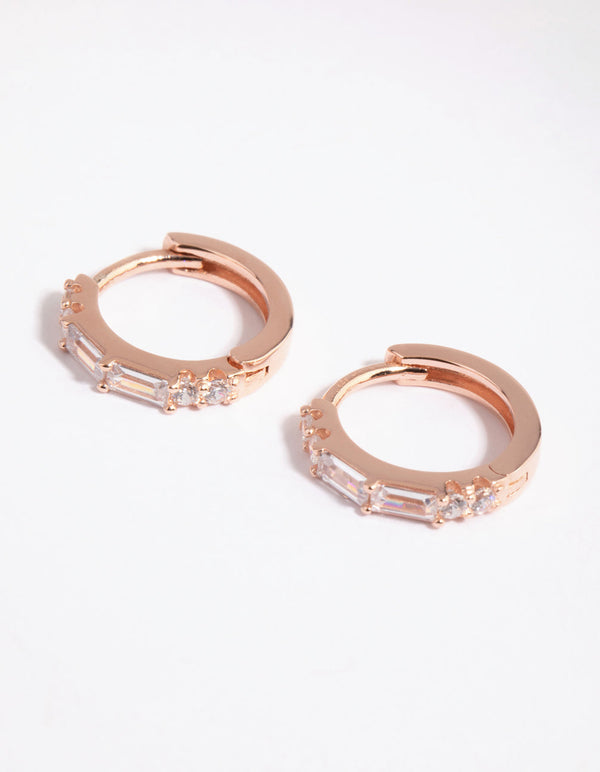Rose Gold Plated Sterling Silver Baguette Huggie Earrings