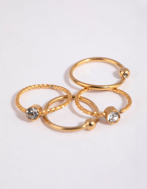 Gold Plated Surgical Steel Textured Diamante Nose Ring Pack