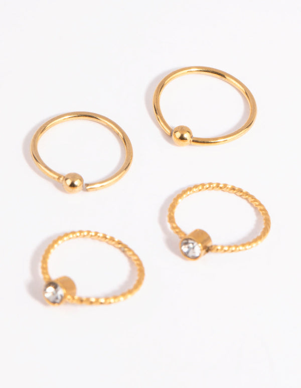 Gold Plated Surgical Steel Textured Diamante Nose Ring Pack