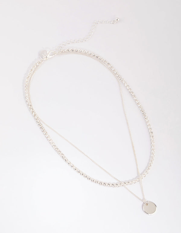 Silver Mesh Chain Disc Layered Necklace
