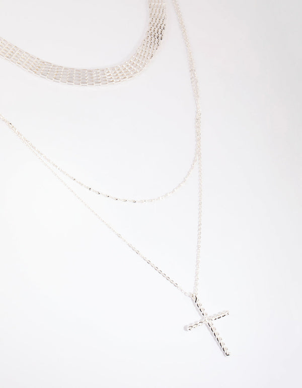 Silver Mesh and Cross Necklace