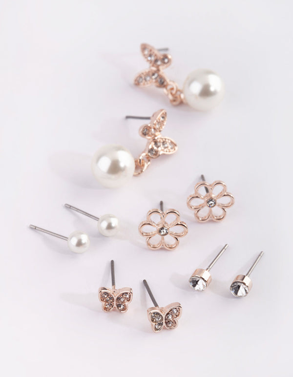 Rose Gold Flower and Butterfly Stud Earring Pack