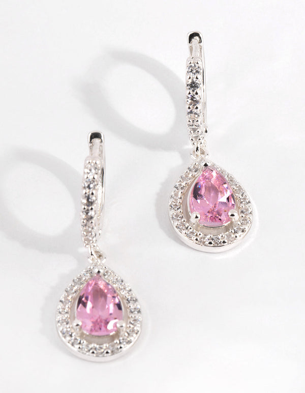 Silver and Pink Cubic Zirconia Huggie Earrings