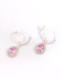 Silver and Pink Cubic Zirconia Huggie Earrings - link has visual effect only