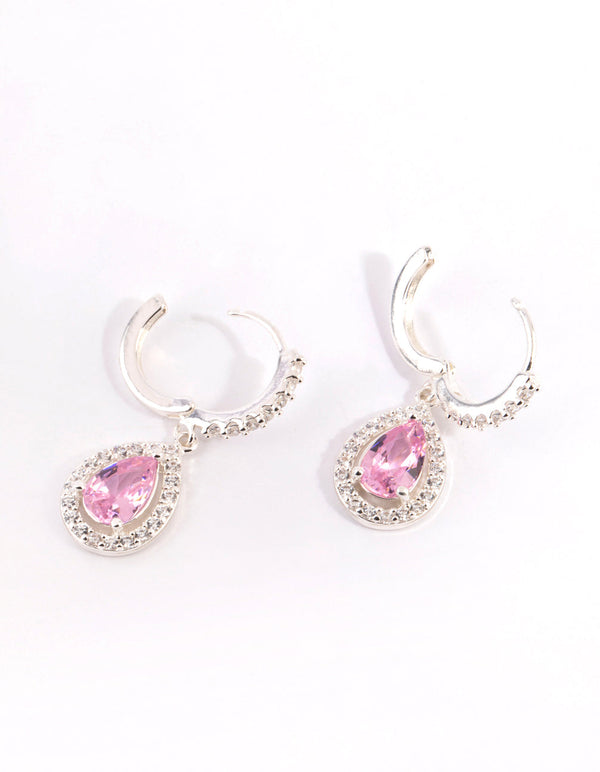 Silver and Pink Cubic Zirconia Huggie Earrings