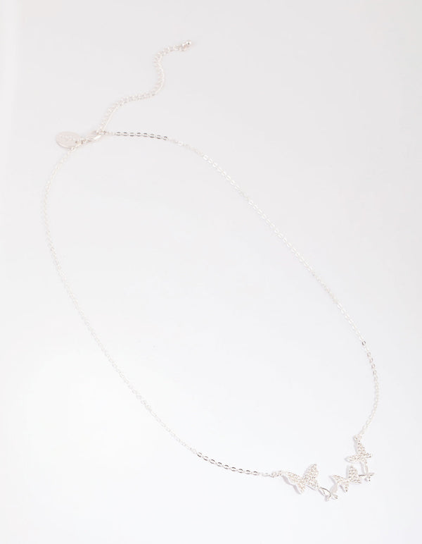 Silver Cubic Zirconia Multi Butterfly Necklace