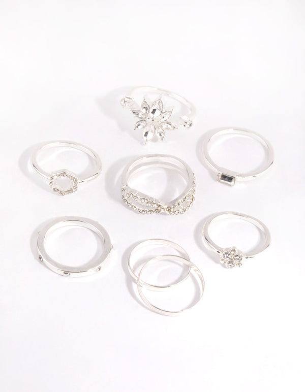 Silver Geometric Flower Ring Pack