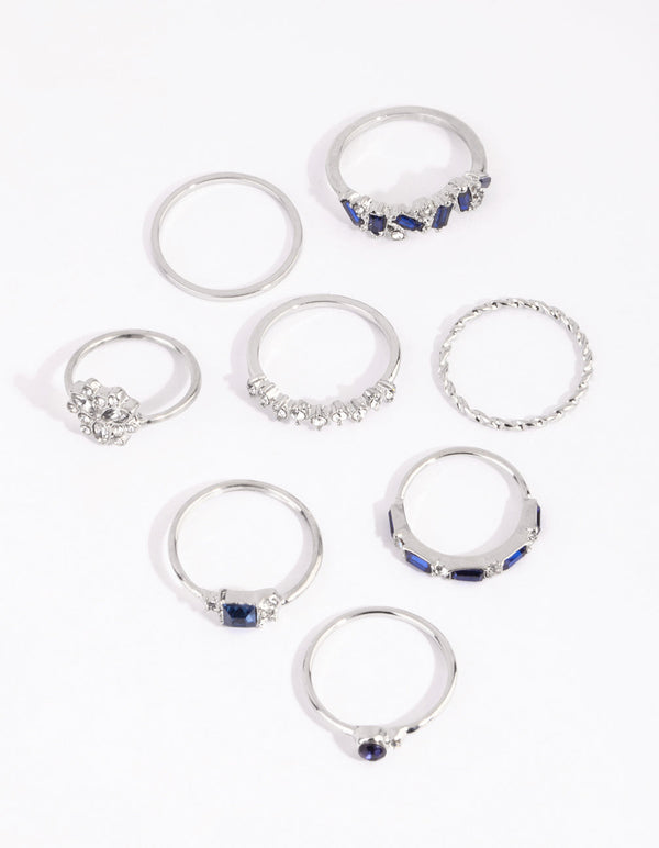 Rhodium Flower and Stone Mixed Ring Pack