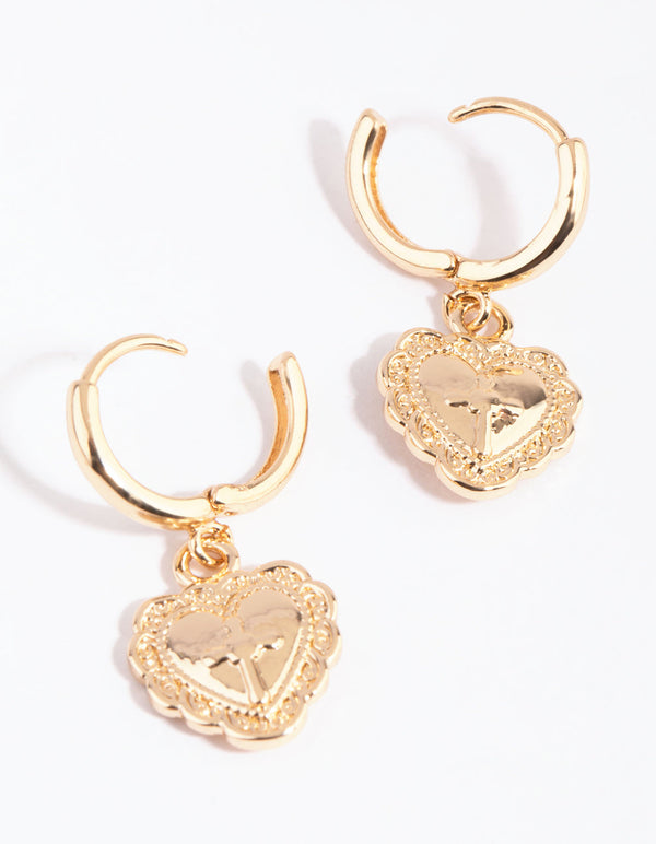 Gold Vintage Heart Huggie Earrings