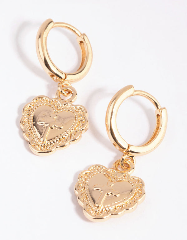 Gold Vintage Heart Huggie Earrings