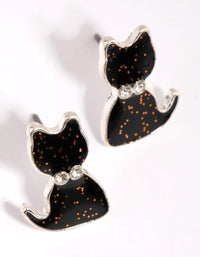 Silver and Black Glitter Cat Stud Earrings - link has visual effect only