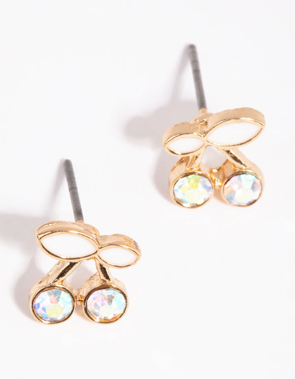 Gold and White Cherry Stud Earrings