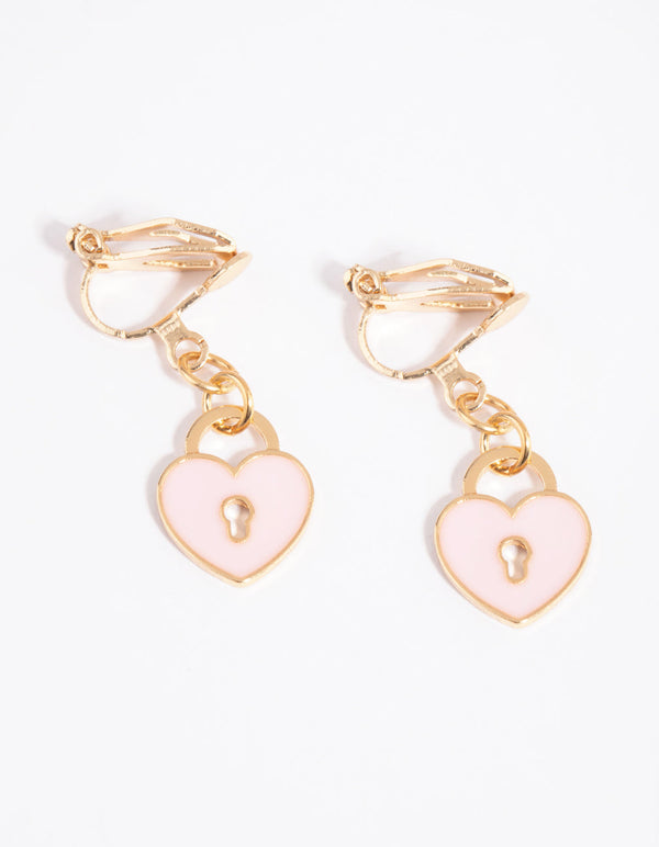 Pink Heart and Lock Clip-On Earrings