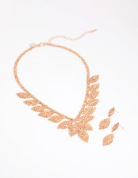 Rose Gold Diamante Leaf Necklace and Earrings Set - link has visual effect only