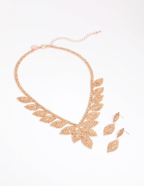 Rose Gold Diamante Leaf Necklace and Earrings Set