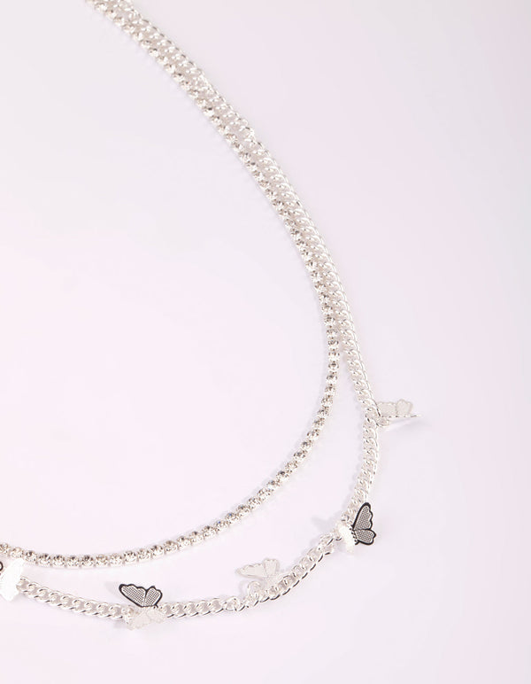 Silver Butterfly Cup Chain Layered Necklace
