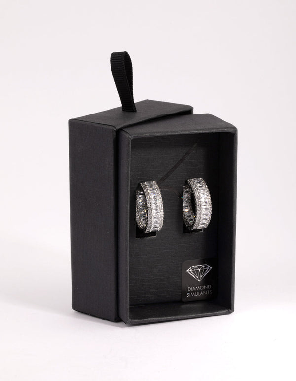 Rhodium Diamond Simulant Detailed Hoop Earrings
