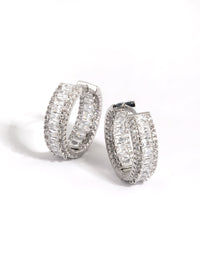 Rhodium Diamond Simulant Detailed Hoop Earrings - link has visual effect only