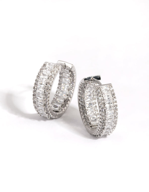Rhodium Diamond Simulant Detailed Hoop Earrings