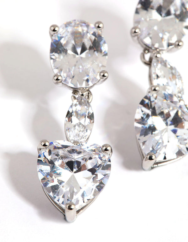 Rhodium Diamond Simulant Heart Drop Earrings