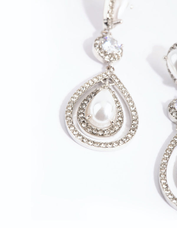 Rhodium Graduated Pearl Open Teardrop Earrings