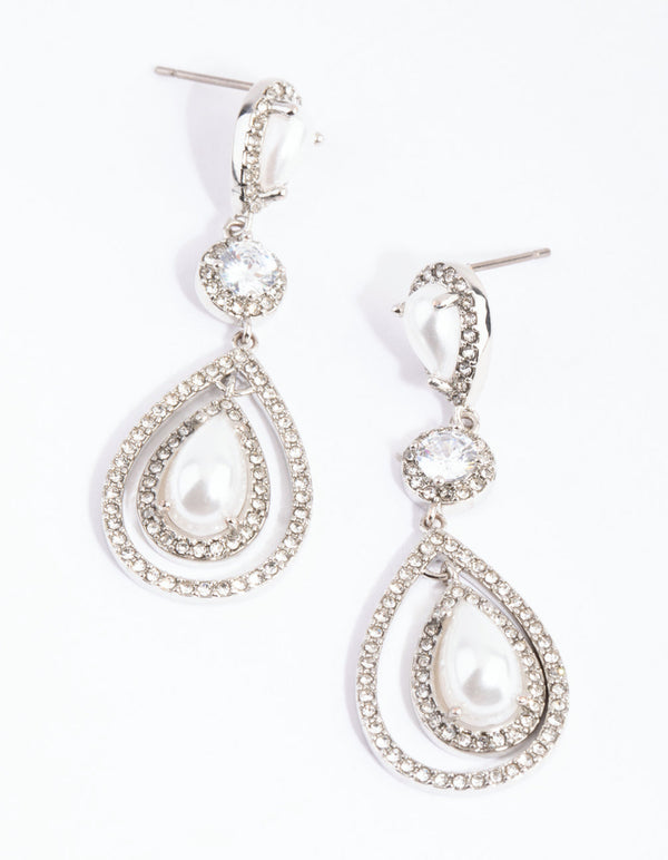 Rhodium Graduated Pearl Open Teardrop Earrings