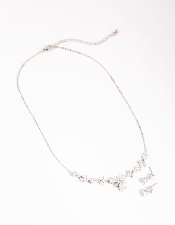 Rhodium Diamond Simulant Floral Teardrop Necklace and Earrings Set