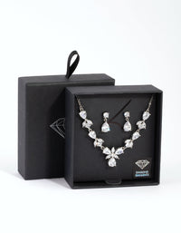 Rhodium Diamond Simulant Floral Teardrop Necklace and Earrings Set - link has visual effect only