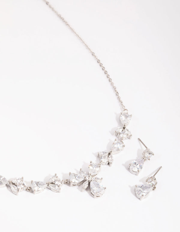 Rhodium Diamond Simulant Floral Teardrop Necklace and Earrings Set