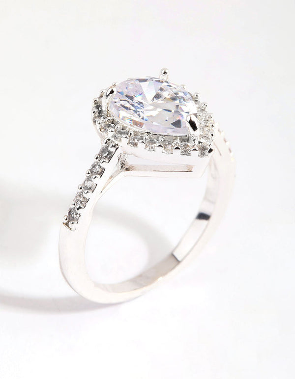 Silver Diamond Simulant Teardrop Ring