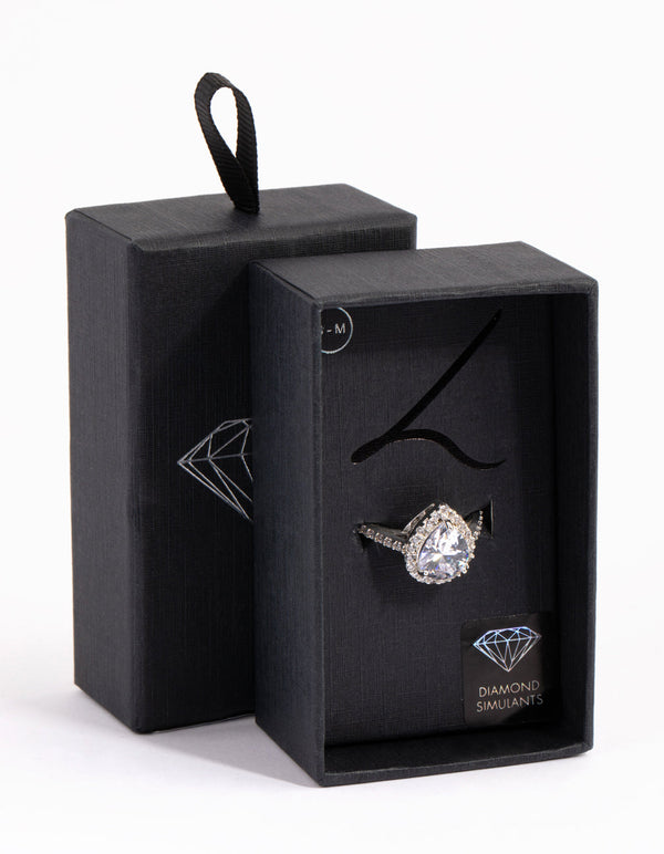 Silver Diamond Simulant Teardrop Ring