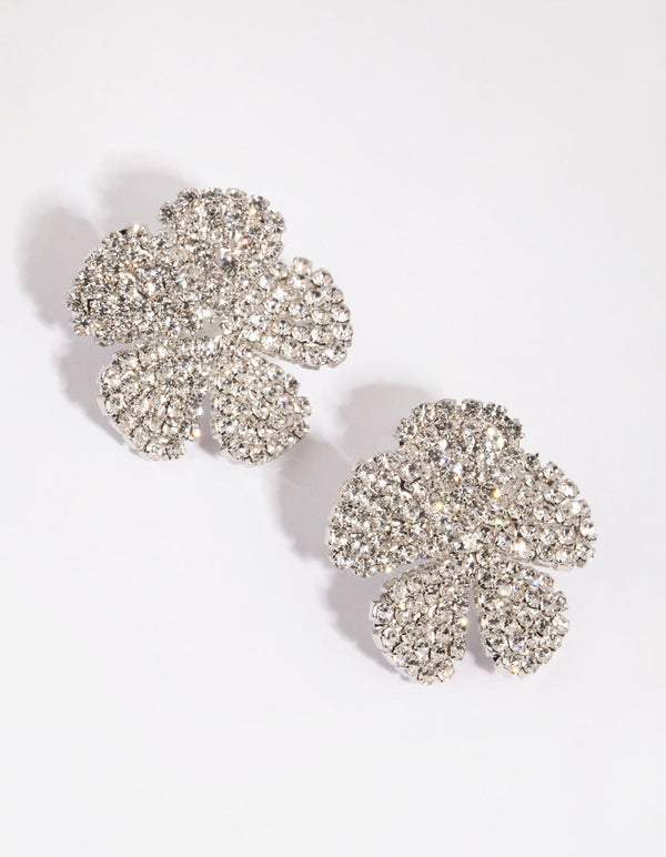 Rhodium Diamante Flower Stud Earrings