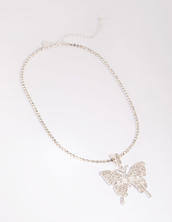 Silver Statement Diamante Butterfly Necklace