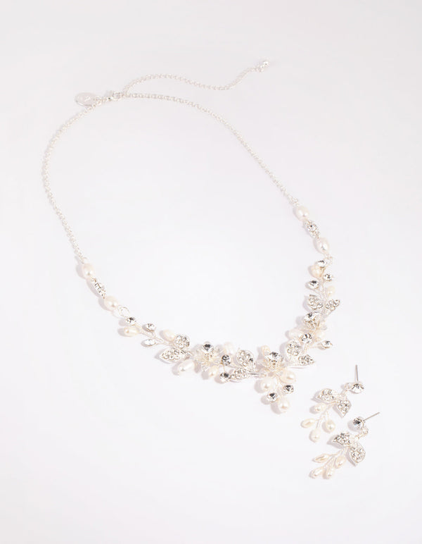 Silver Diamante and Pearl Wire Necklace and Earrings Set
