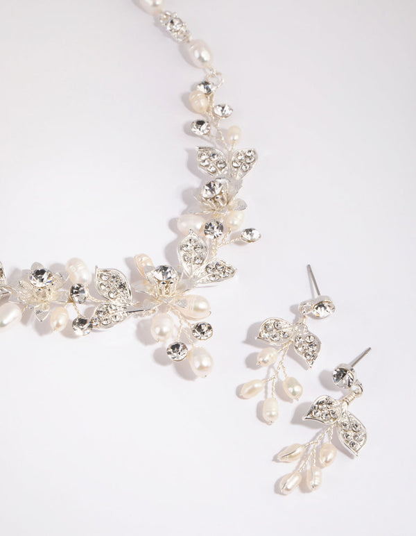 Silver Diamante and Pearl Wire Necklace and Earrings Set