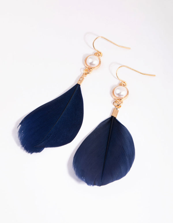 Blue Feather and Pearl Drop Earrings