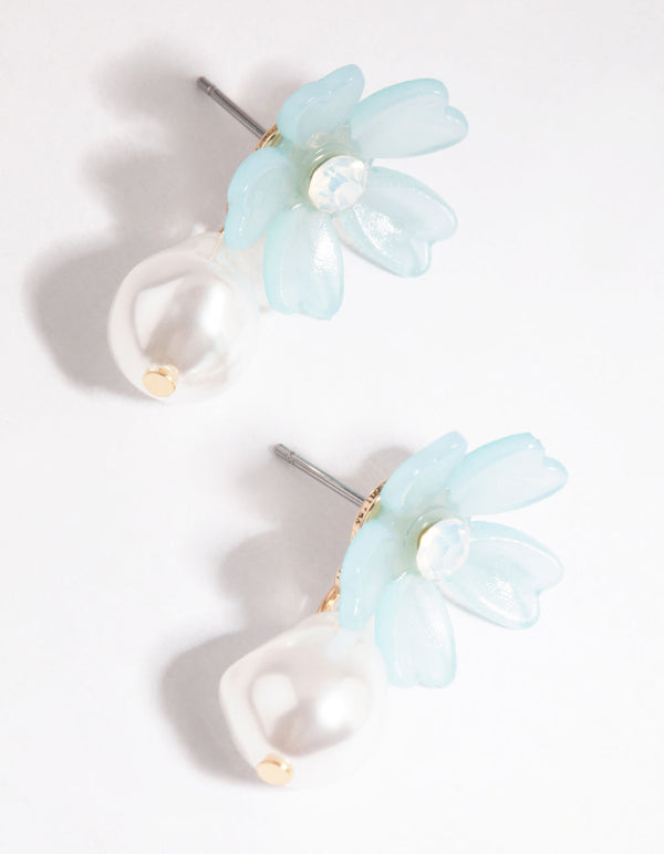 Blue Diamante Daisy Pearl Drop Earrings