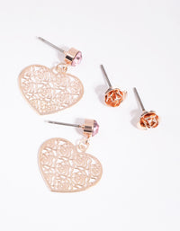 Rose Gold Filigree Heart and Diamante Earring Set - link has visual effect only
