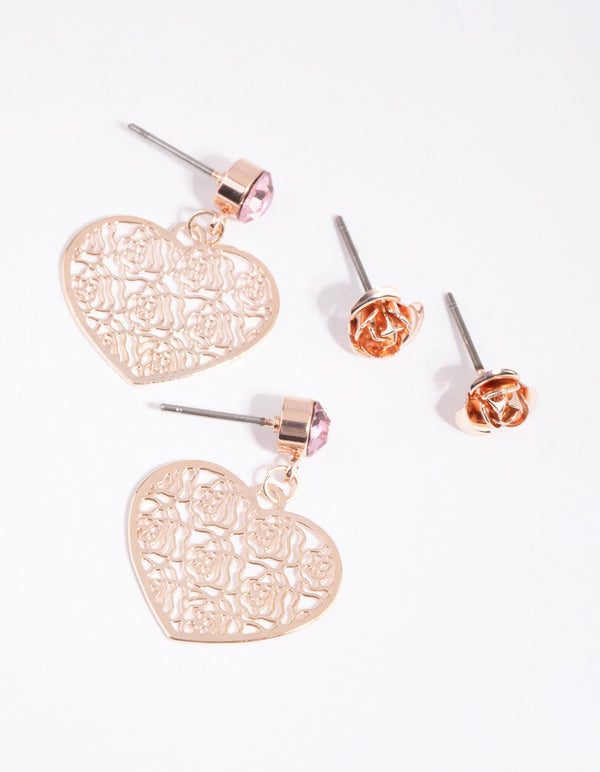 Rose Gold Filigree Heart and Diamante Earring Set