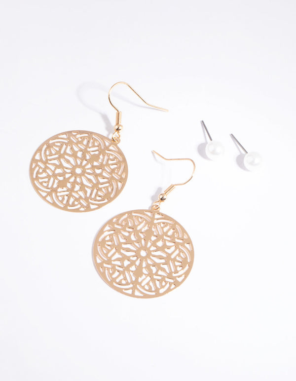 Gold Filigree Circle and Pearl Earring Set