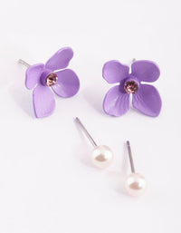 Matte Purple Flower and Pearl Earring Set - link has visual effect only