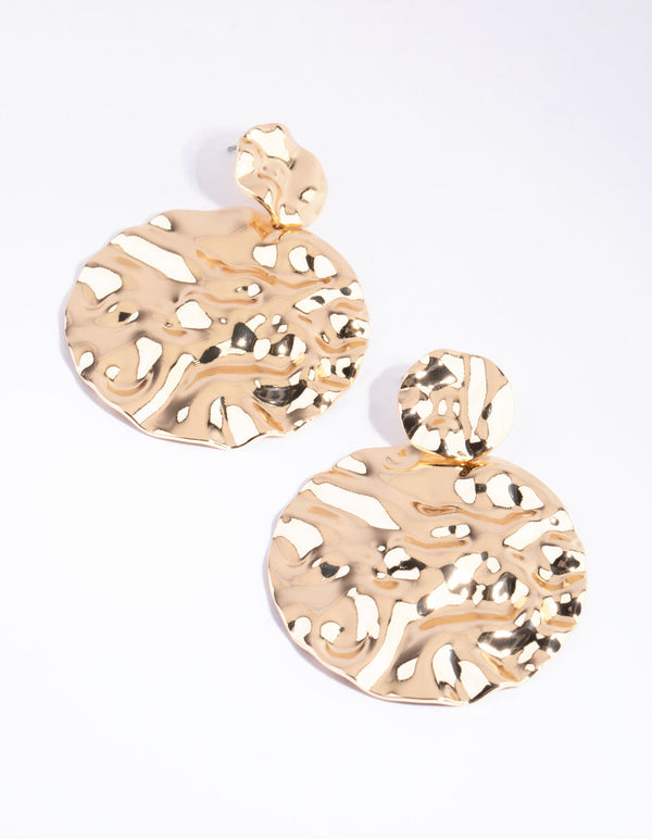Gold Hammered Circle Drop Earrings