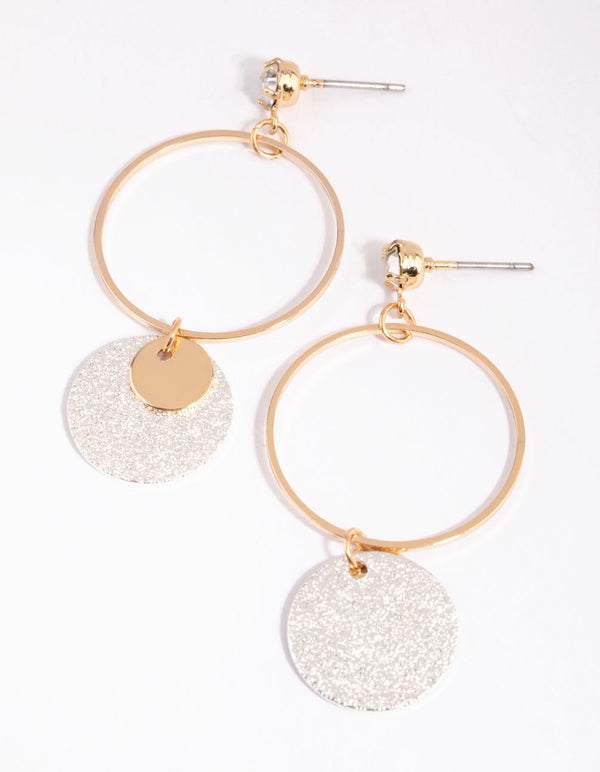 Gold Geometric Circle Glitter Drop Earrings