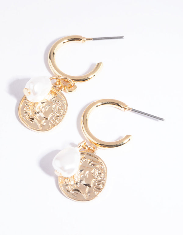Gold Coin and Pearl Huggie Earrings
