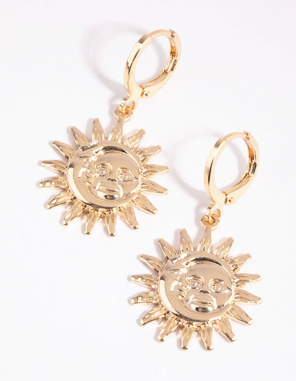 Gold Celestial Sun Drop Huggie Earrings