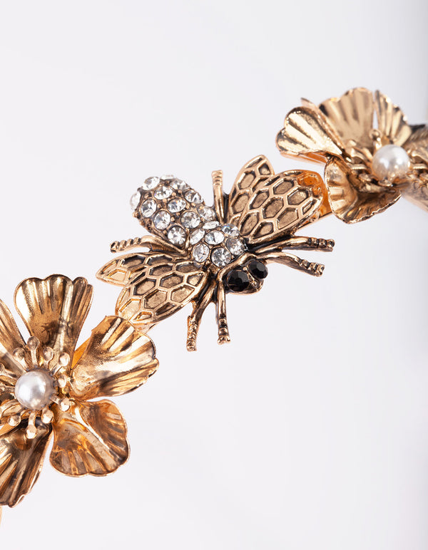 Antique Gold Bee and Flower Alice Band
