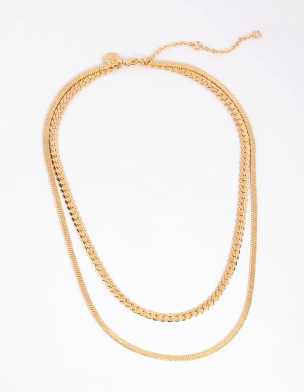 Gold Plated Herringbone and Snake Layered Necklace
